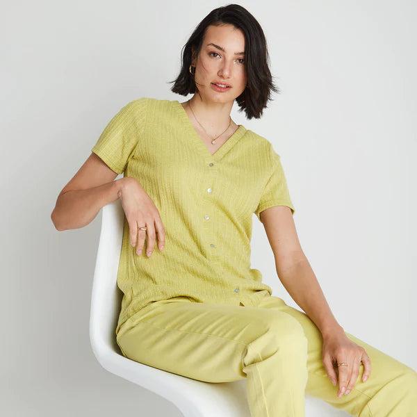 Polera Mujer Tejida Manga Corta Con Botones Cuello V Verde