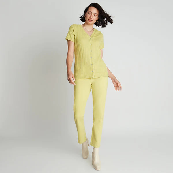 Polera Mujer Tejida Manga Corta Con Botones Cuello V Verde