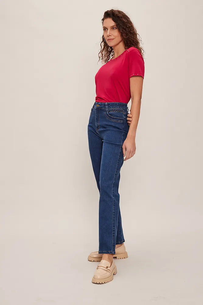 Jeans Mujer Recto Mezclilla Azul