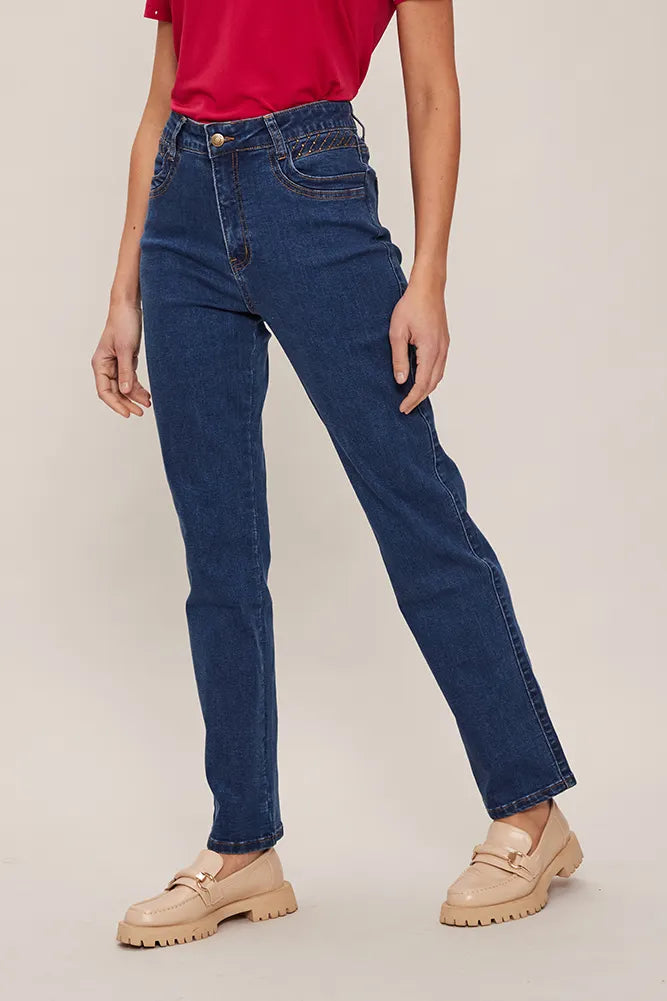 Jeans Mujer Recto Mezclilla Azul