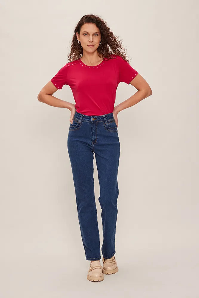 Jeans Mujer Recto Mezclilla Azul