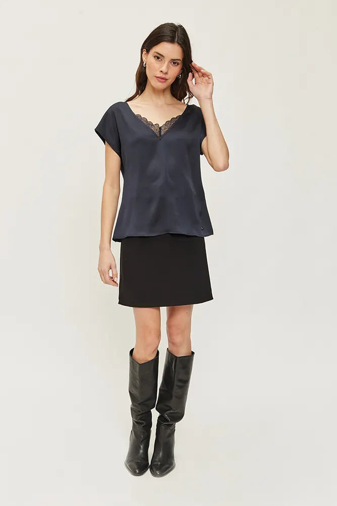 Polera Mujer Doble Tela Encaje Azul Marino