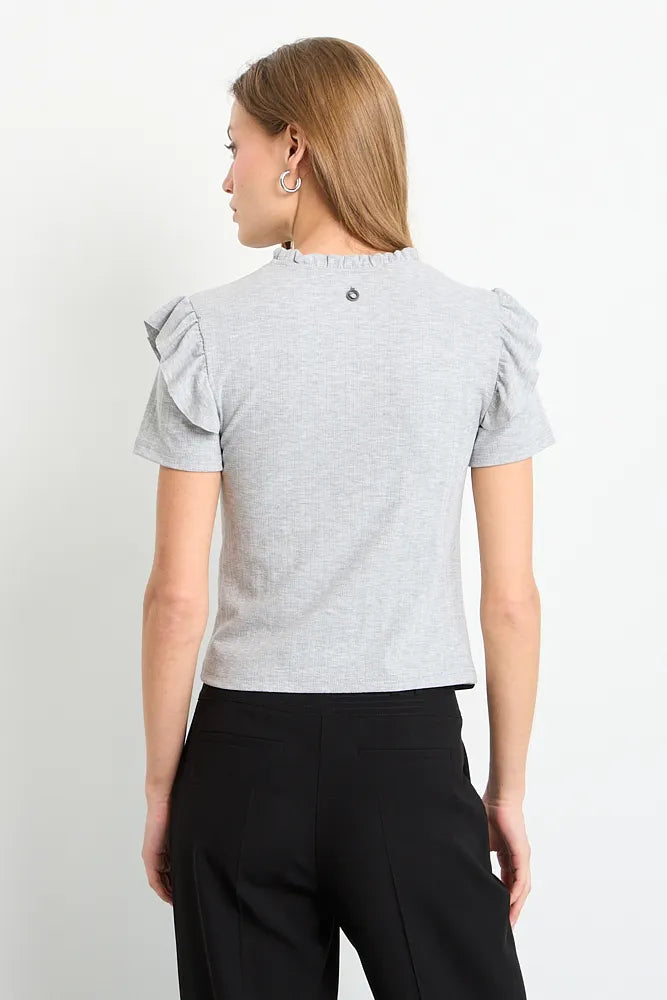 Polera Mujer Rib Acid Wash Vuelos Gris