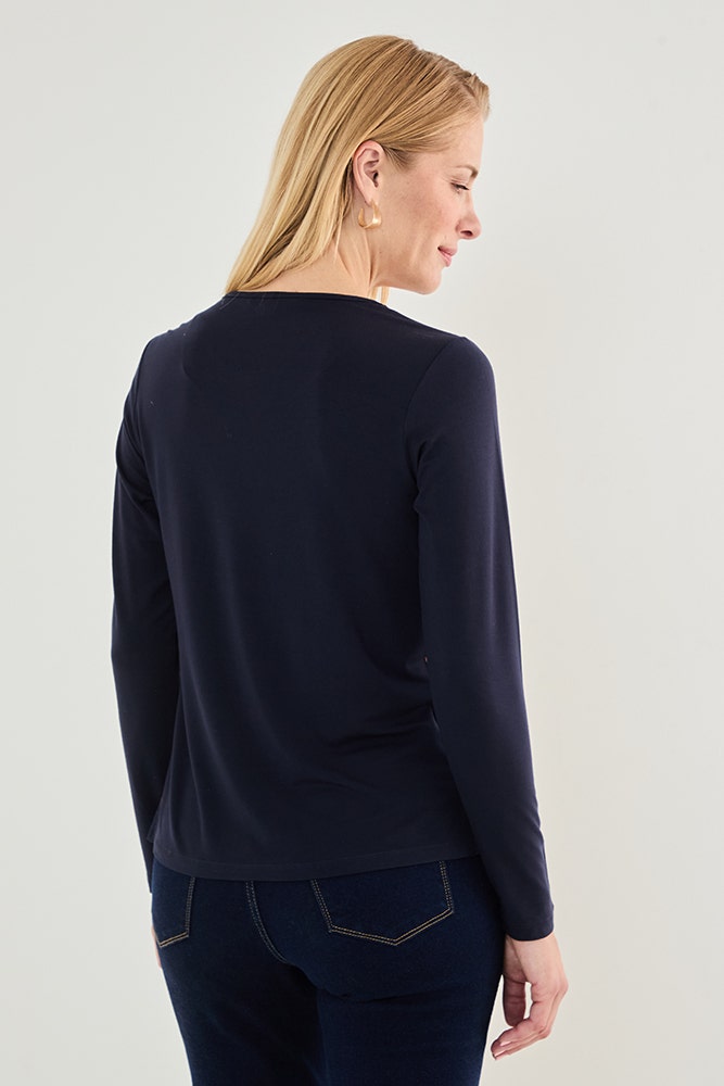 Polera Mujer con Delantero Satinado y Cuello con Pespuntes Decorativos Azul Marino