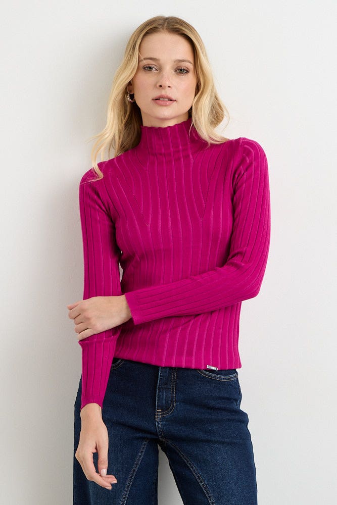 Sweater Mujer de Rib Acanalado con Diseño y Cuello Alto Morado