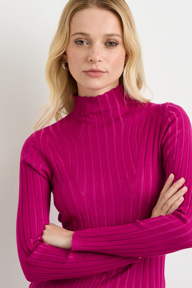 Sweater Mujer de Rib Acanalado con Diseño y Cuello Alto Morado