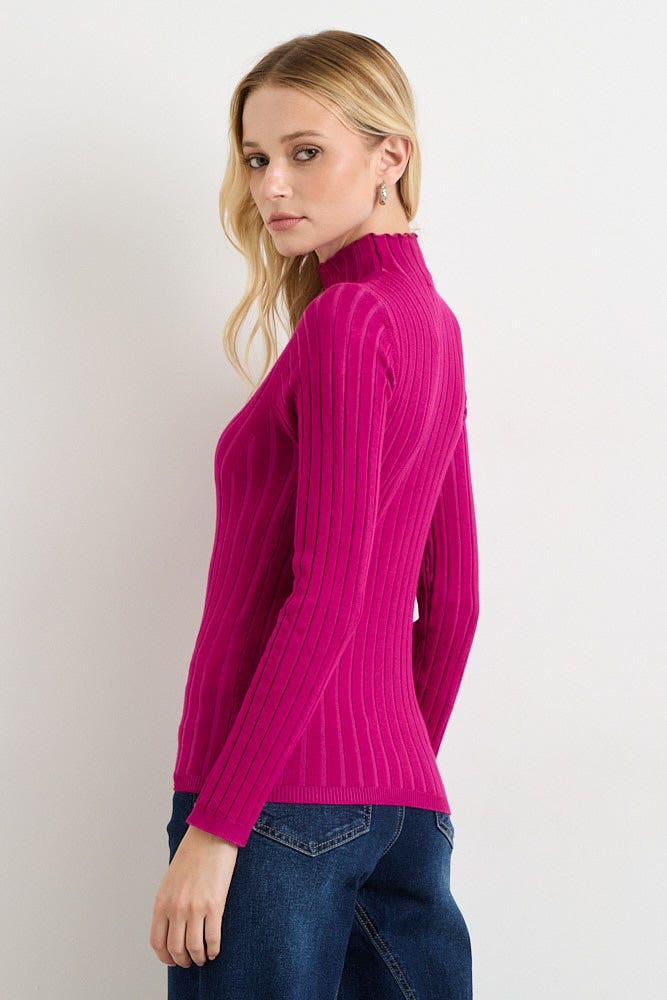 Sweater Mujer de Rib Acanalado con Diseño y Cuello Alto Morado