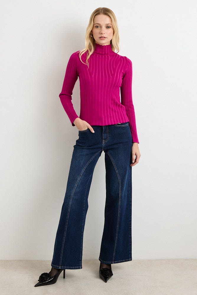 Sweater Mujer de Rib Acanalado con Diseño y Cuello Alto Morado