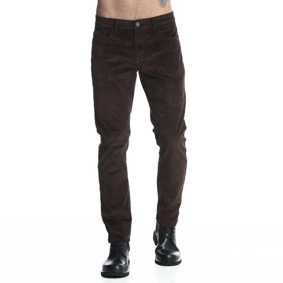 pantalon-hombre-cotelé-slim-tiro-medio-café