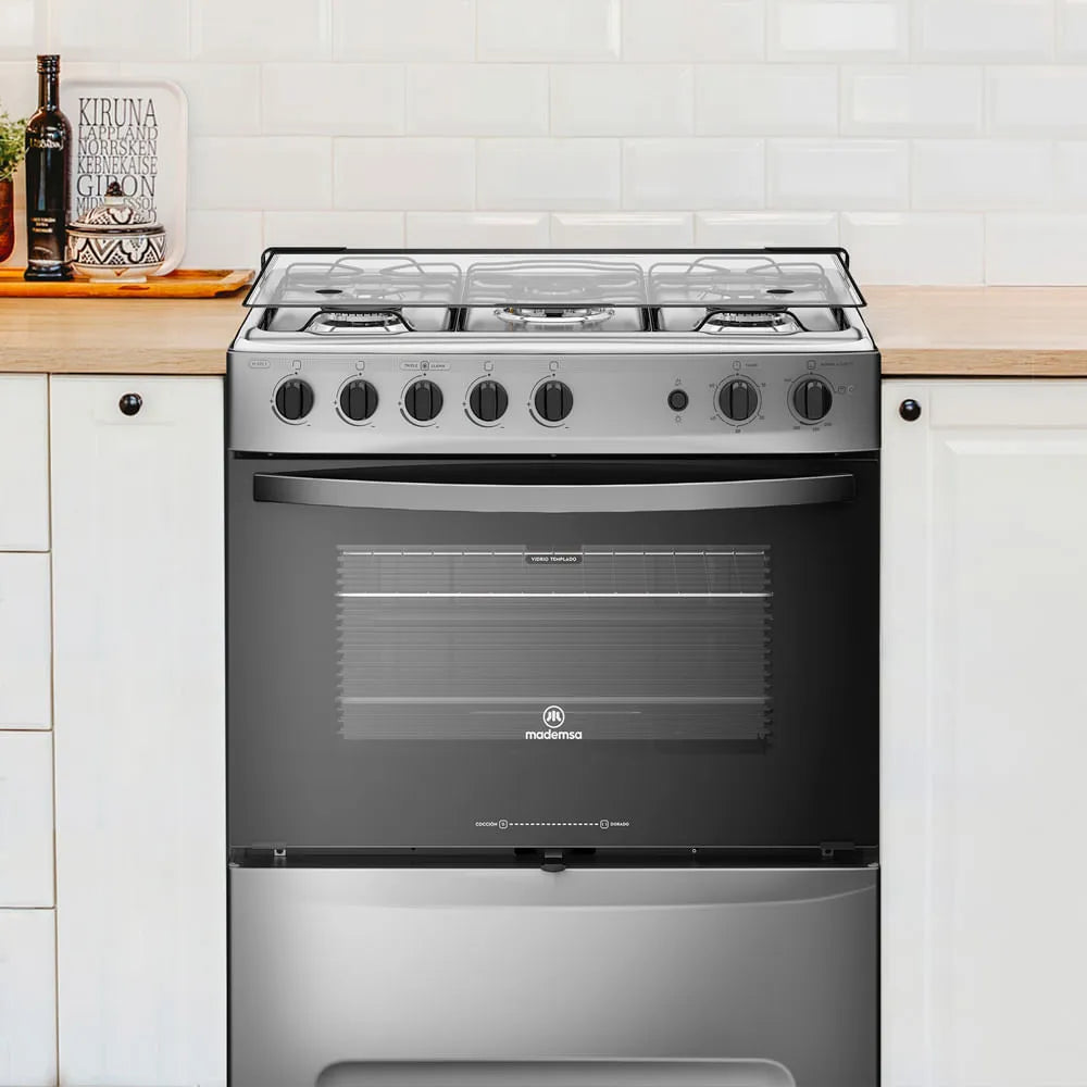 Cocina a Gas 5 Platos con Triple Llama y Grill Eléctrico M 920 T Inox
