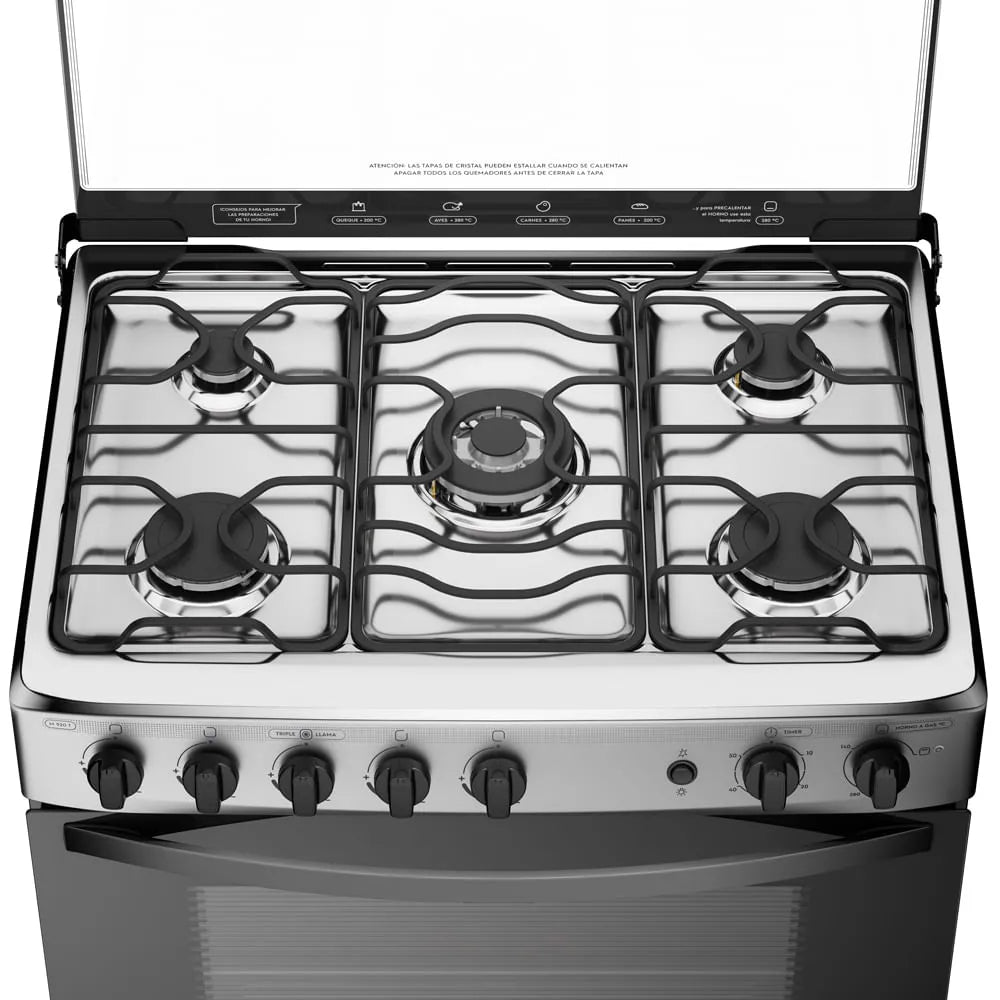 Cocina a Gas 5 Platos con Triple Llama y Grill Eléctrico M 920 T Inox