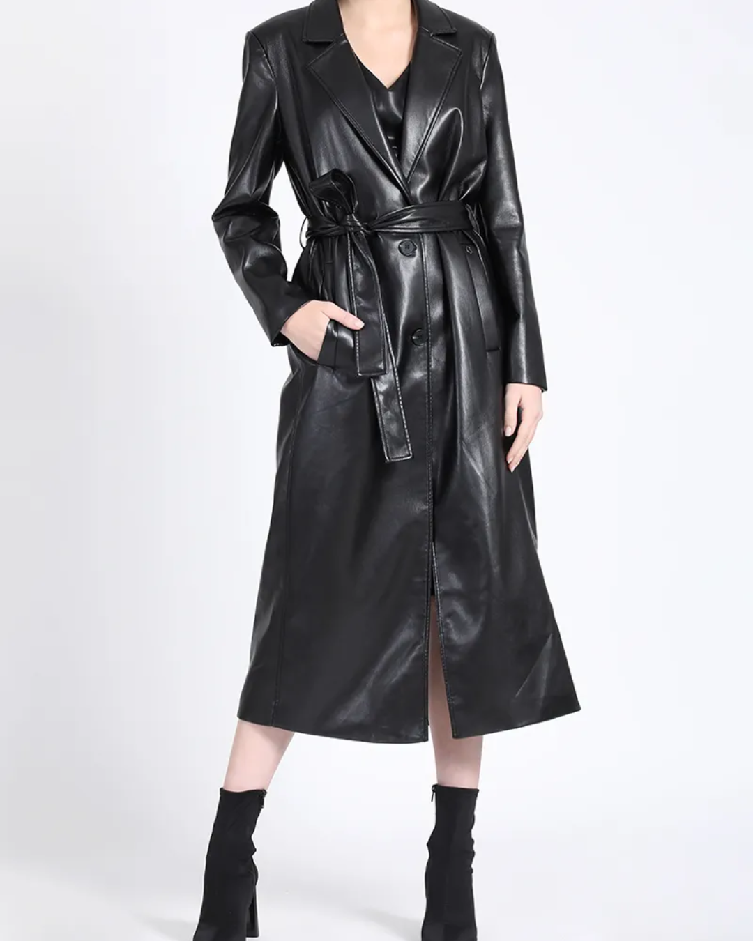 Abrigo Mujer largo efecto cuero forro estampado negro Liola