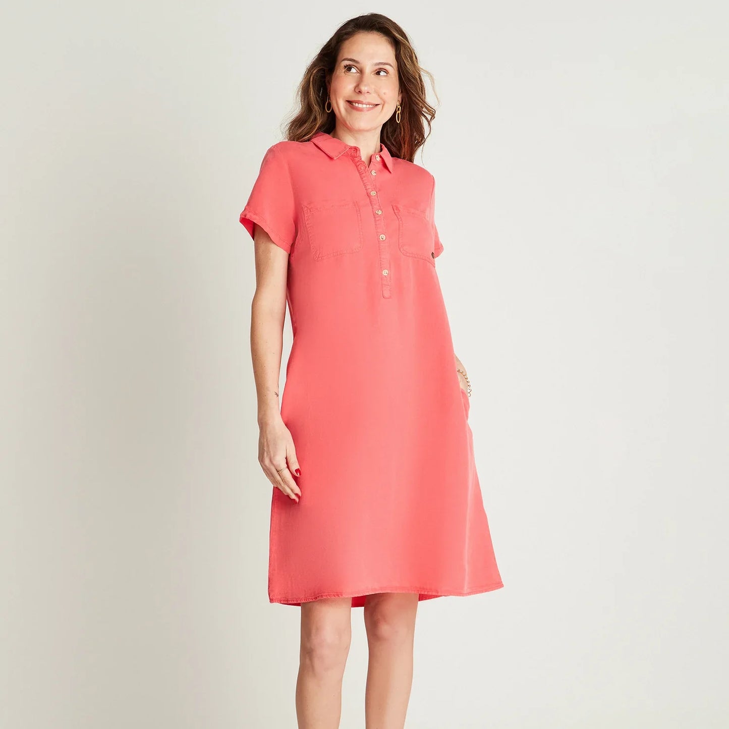 vestido-mujer-corto-coral-manga-corta-cuello-camisero