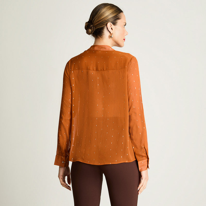 Blusa Mujer Manga Larga Escote Mao Tela Fantasia Terracota