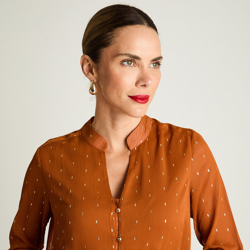 Blusa Mujer Manga Larga Escote Mao Tela Fantasia Terracota