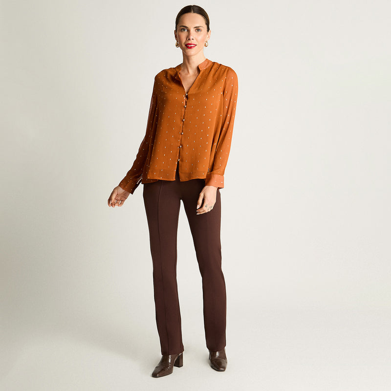 Blusa Mujer Manga Larga Escote Mao Tela Fantasia Terracota