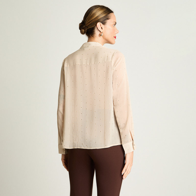 Blusa Mujer Manga Larga Escote Mao Tela Fantasia Beige