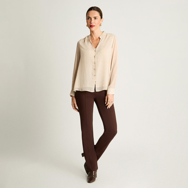 Blusa Mujer Manga Larga Escote Mao Tela Fantasia Beige