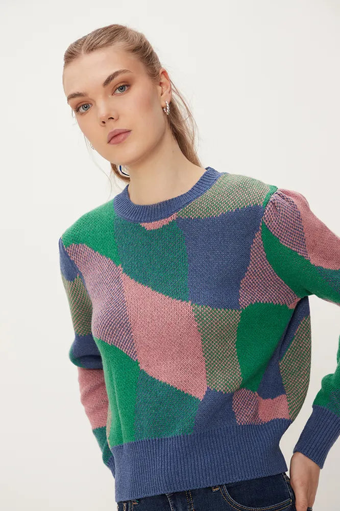 Sweater Jacquard Manga Aglobada Estampada