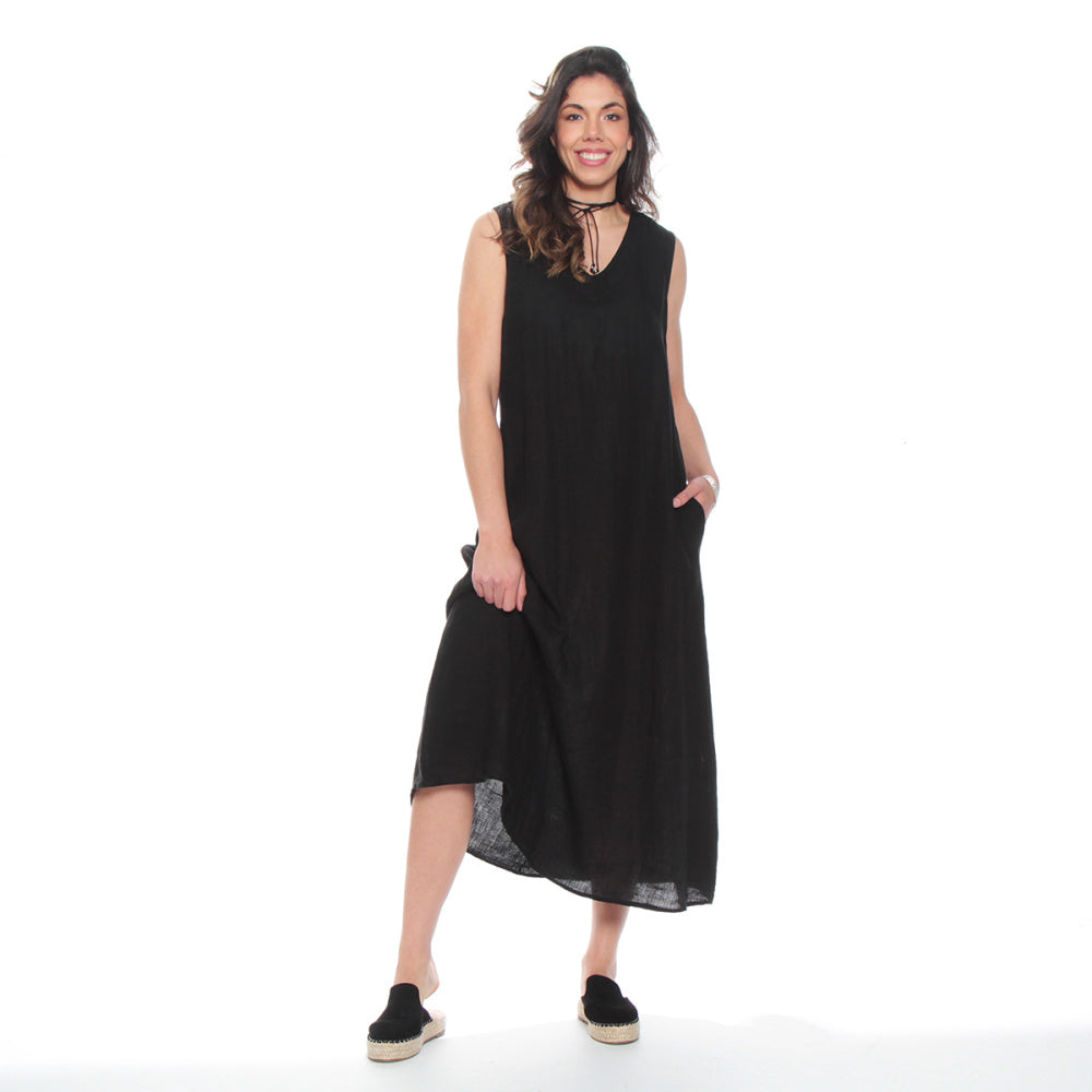 vestido-mujer-sin-manga-lino-con-bolsillos-escote-v