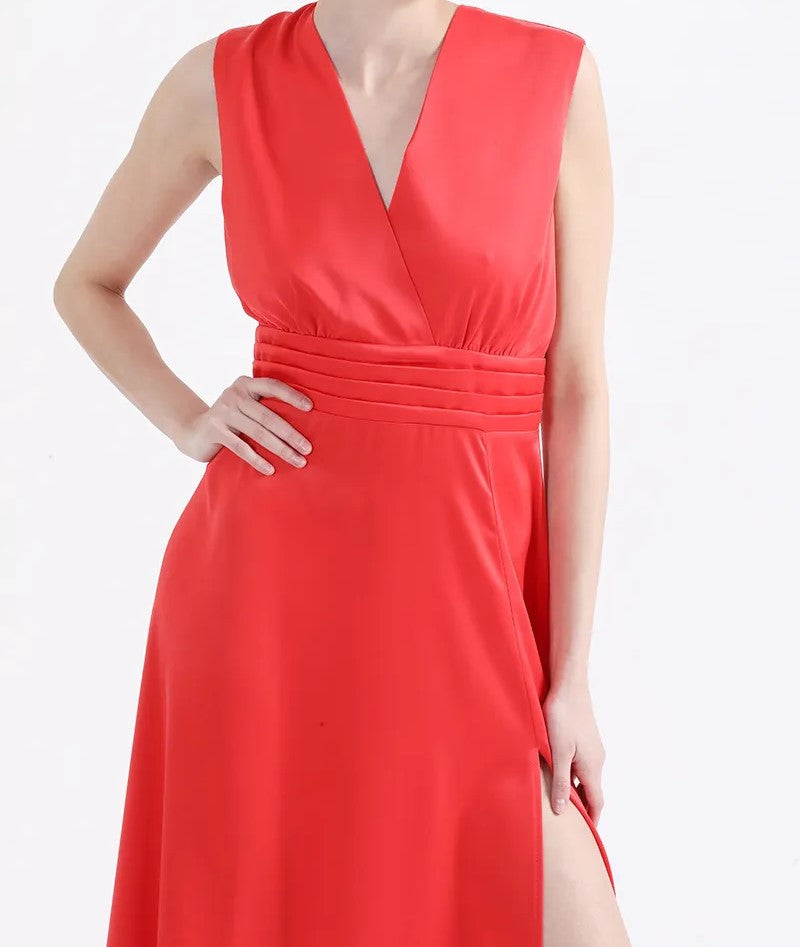 Vestido Mujer Maxi Alforzas, Satin, Rojo