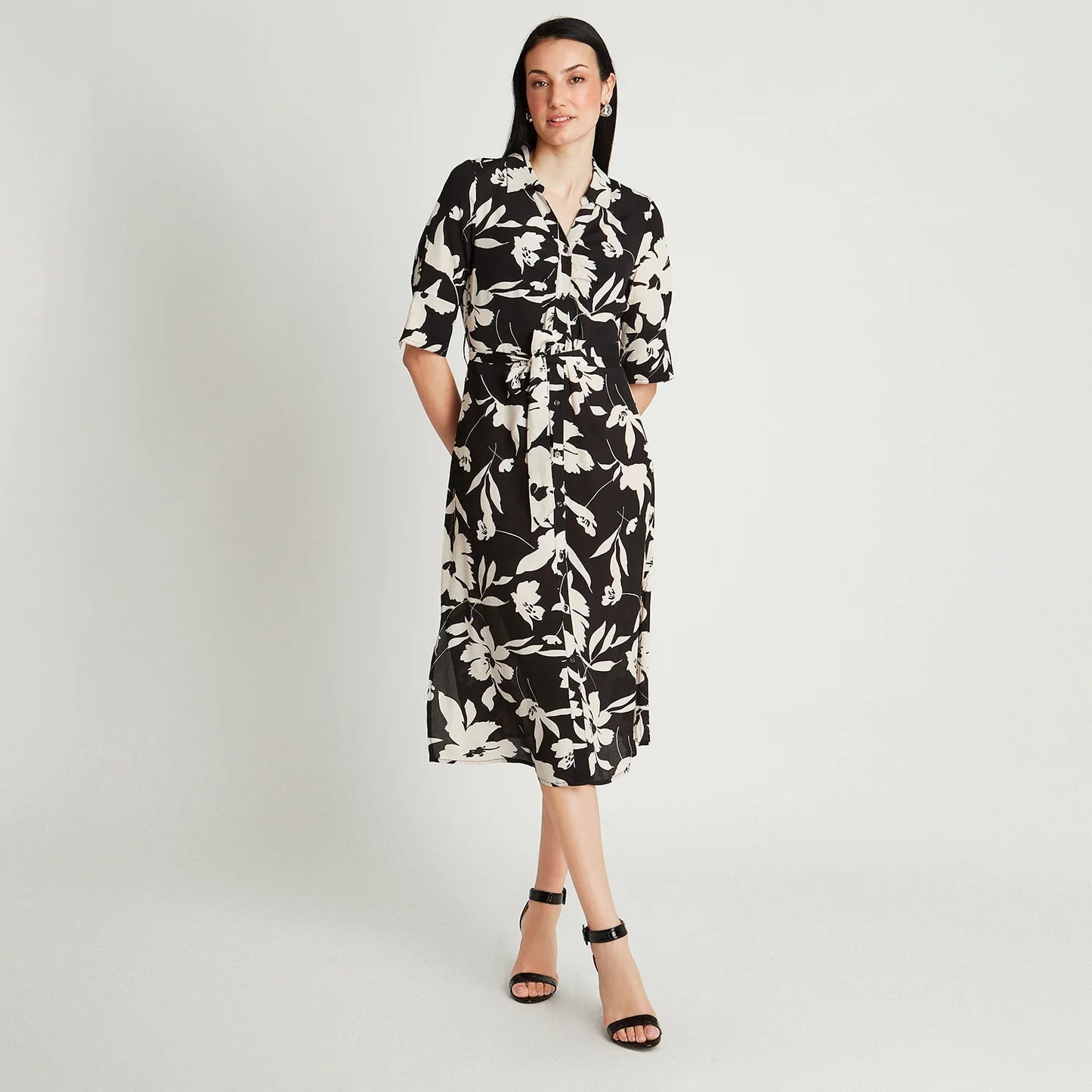 vestido-mujer-midi-negro-manga-codo-estampado-cuello-camisero