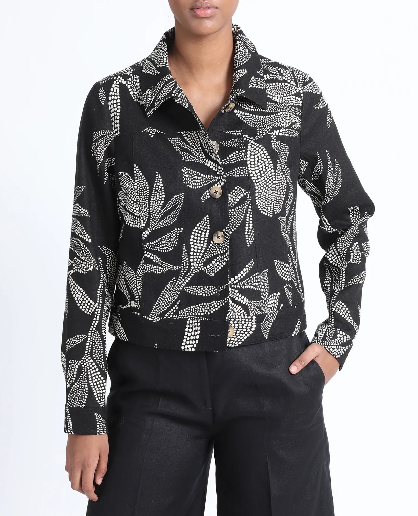Chaqueta Mujer Lino Mix Estampado Negro