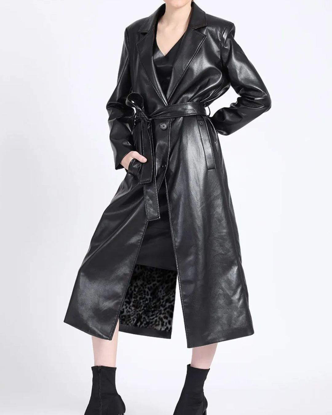 Abrigo Mujer largo efecto cuero forro estampado negro Liola