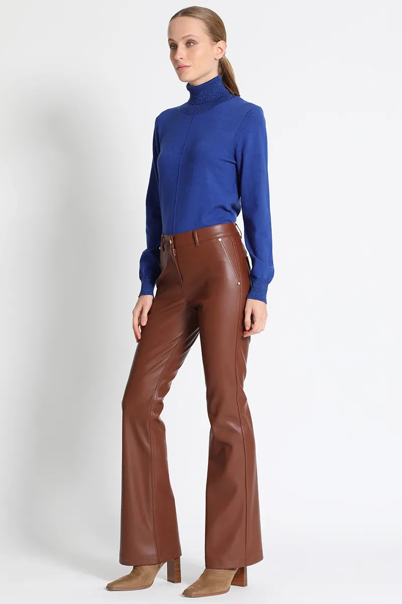 Pantalón Mujer Flare Tiro Medio Efecto, Cuero Chocolate Liola