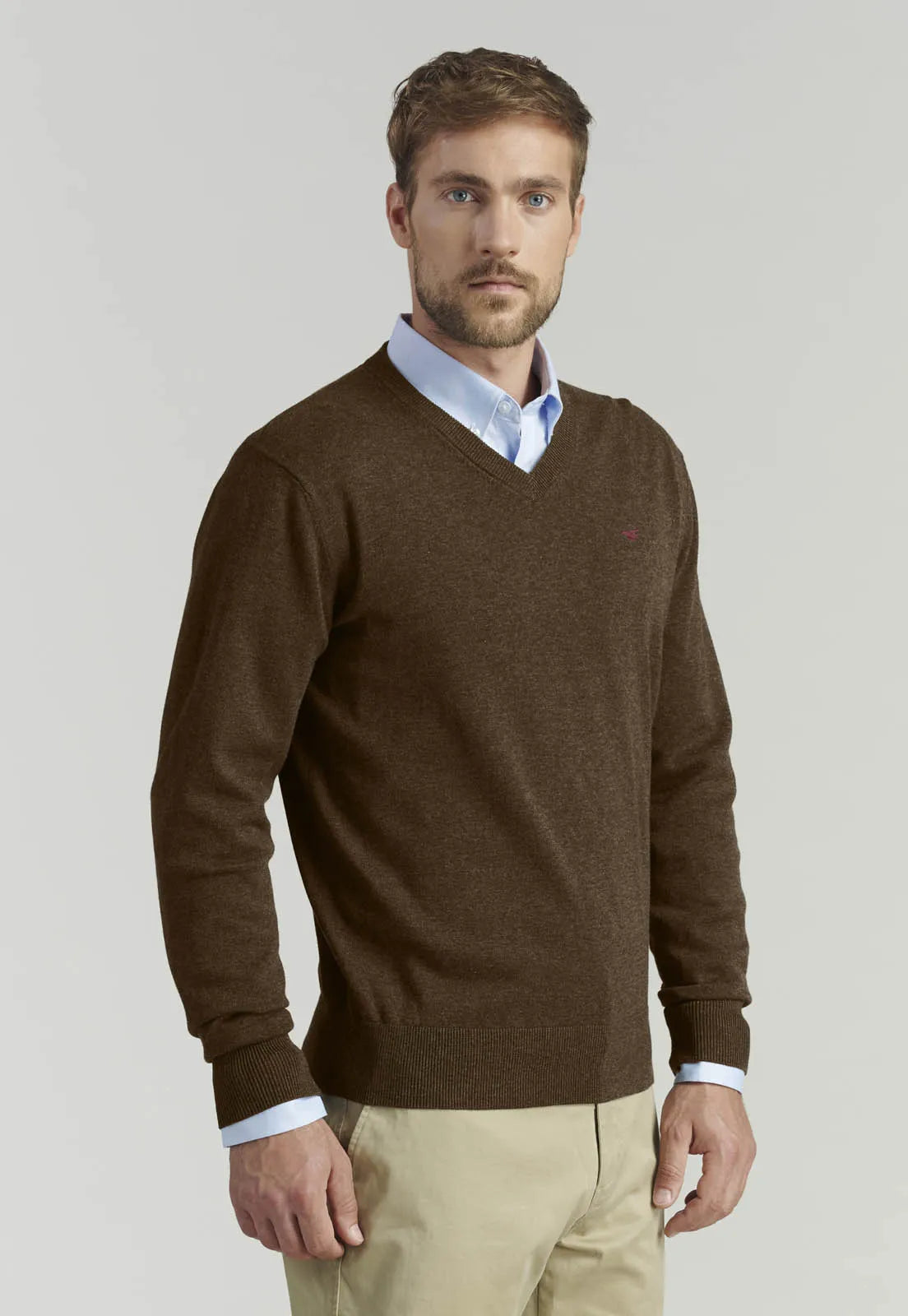 Sweater Hombre V Neck Melange F Smart Casual Brown