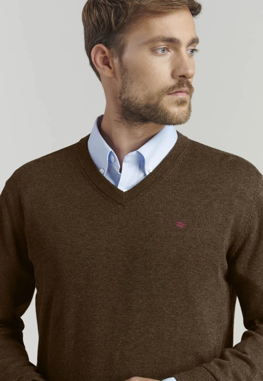 Sweater Hombre V Neck Melange F Smart Casual Brown