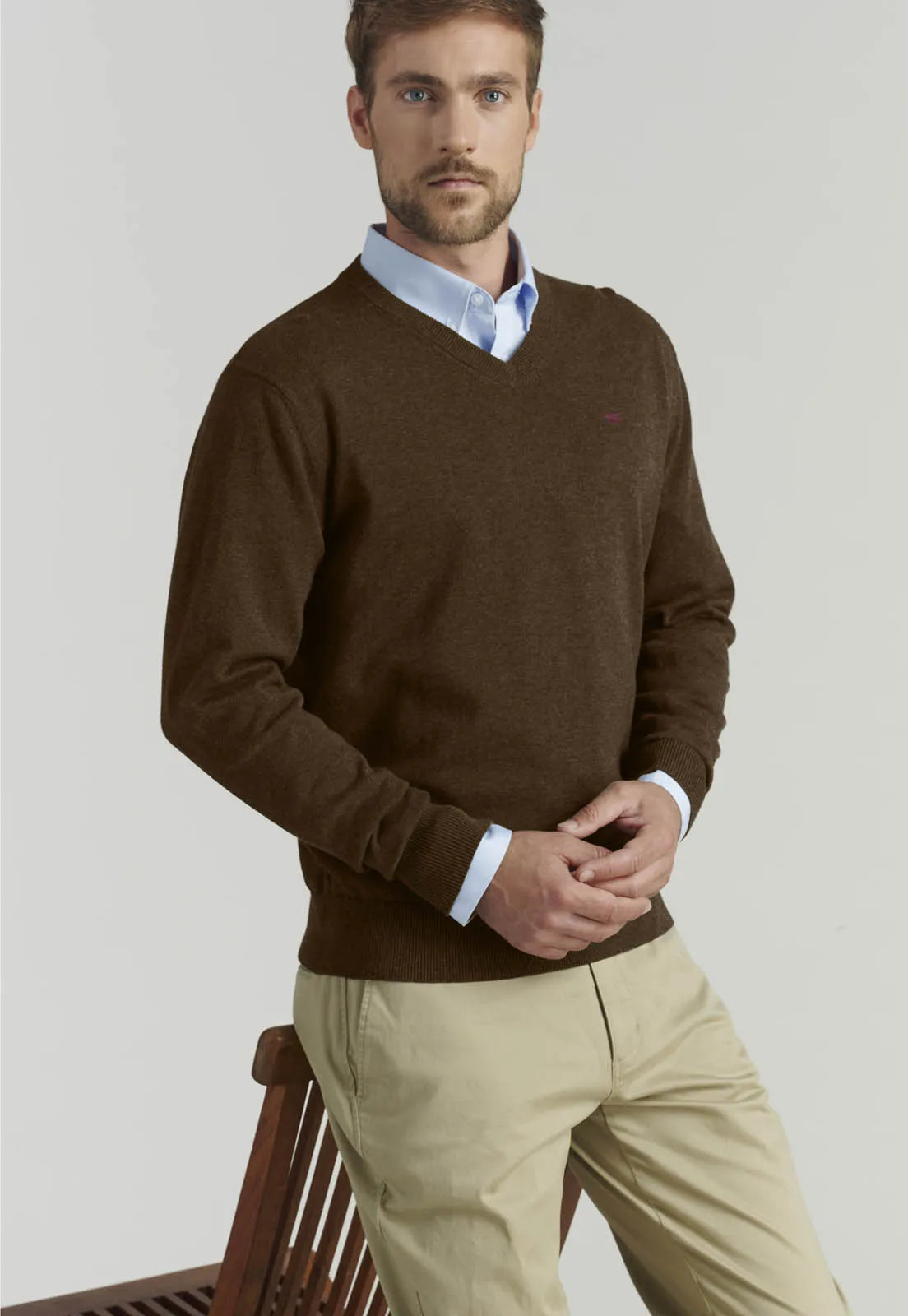 Sweater Hombre V Neck Melange F Smart Casual Brown