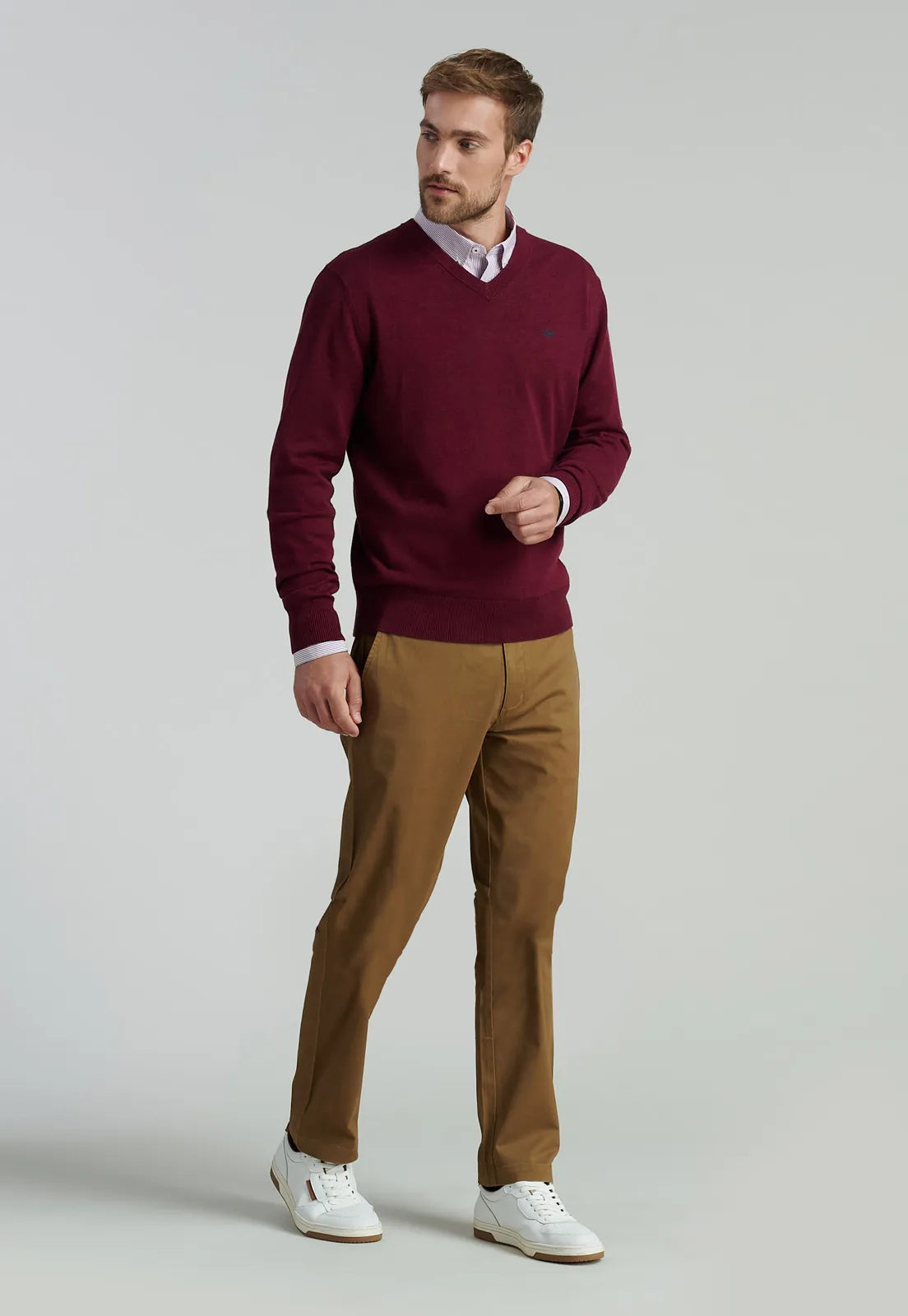 Sweater Hombre V Neck Melange F Smart Casual Dk Burgundy