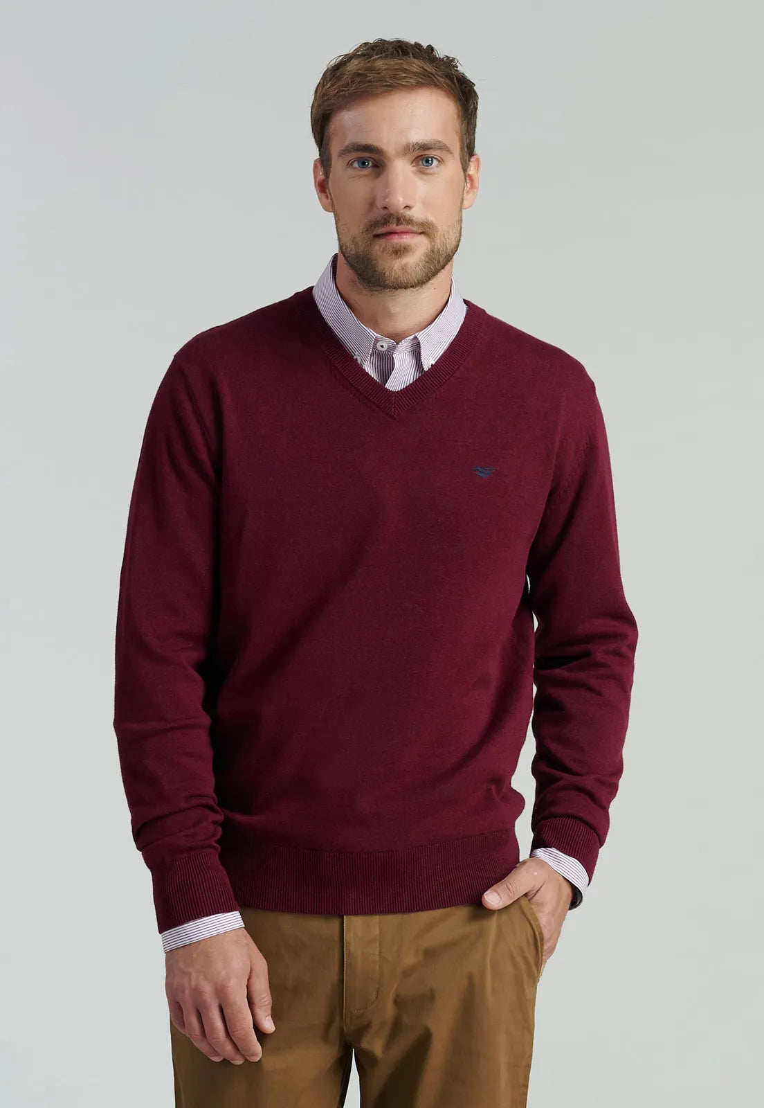Sweater Hombre V Neck Melange F Smart Casual Dk Burgundy