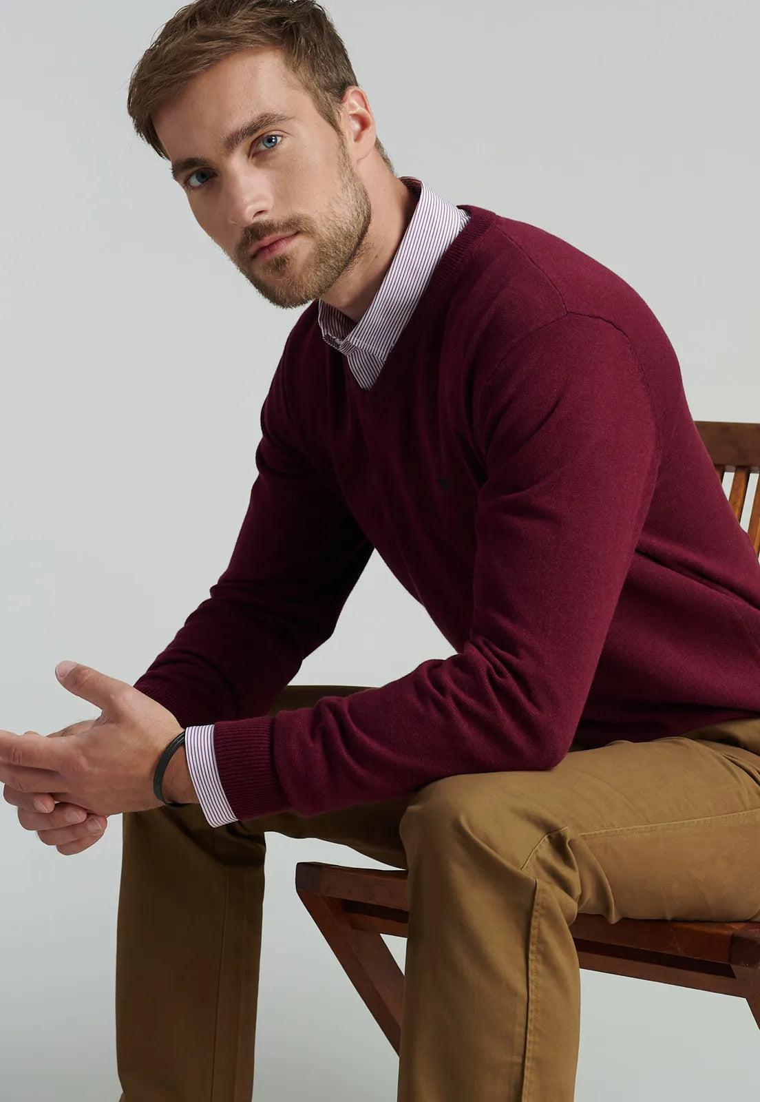 Sweater Hombre V Neck Melange F Smart Casual Dk Burgundy