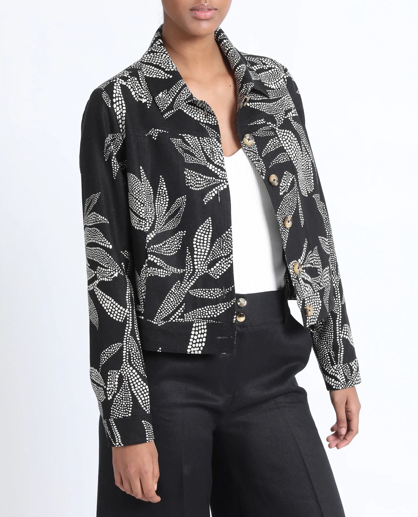 Chaqueta Mujer Lino Mix Estampado Negro