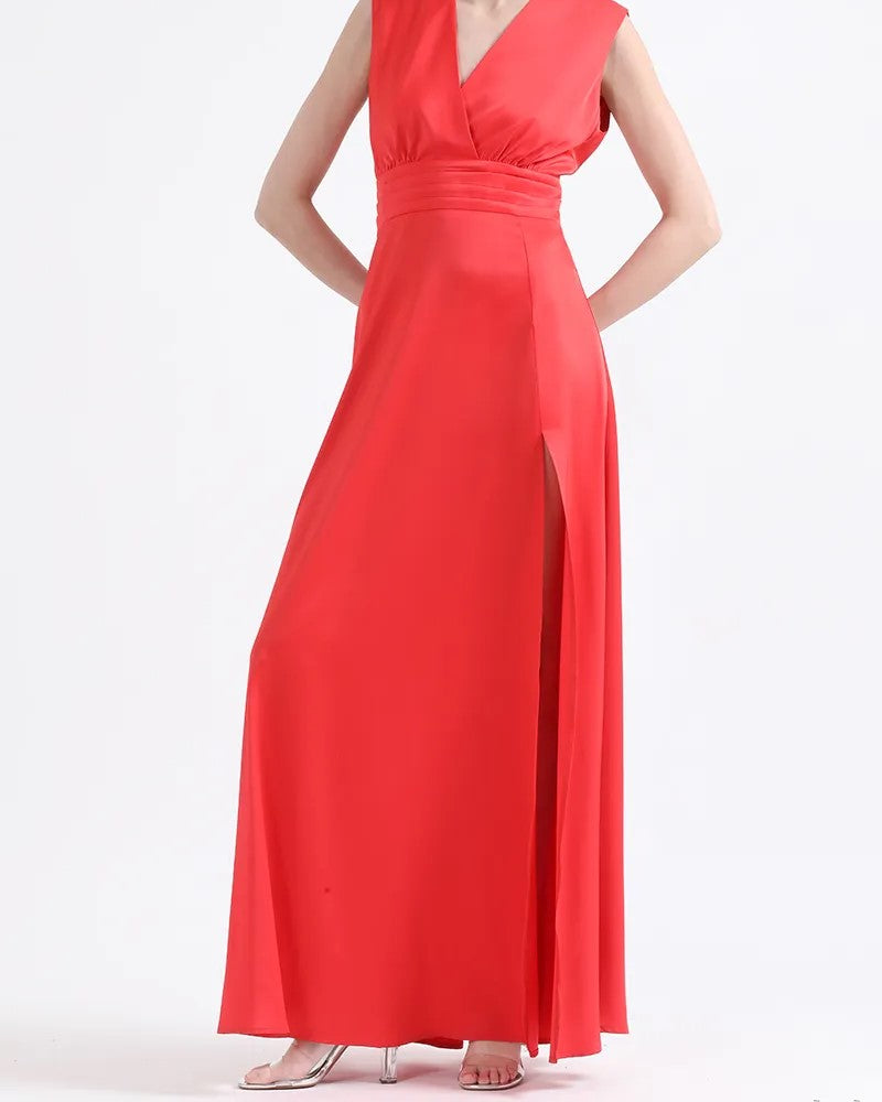 Vestido Mujer Maxi Alforzas, Satin, Rojo
