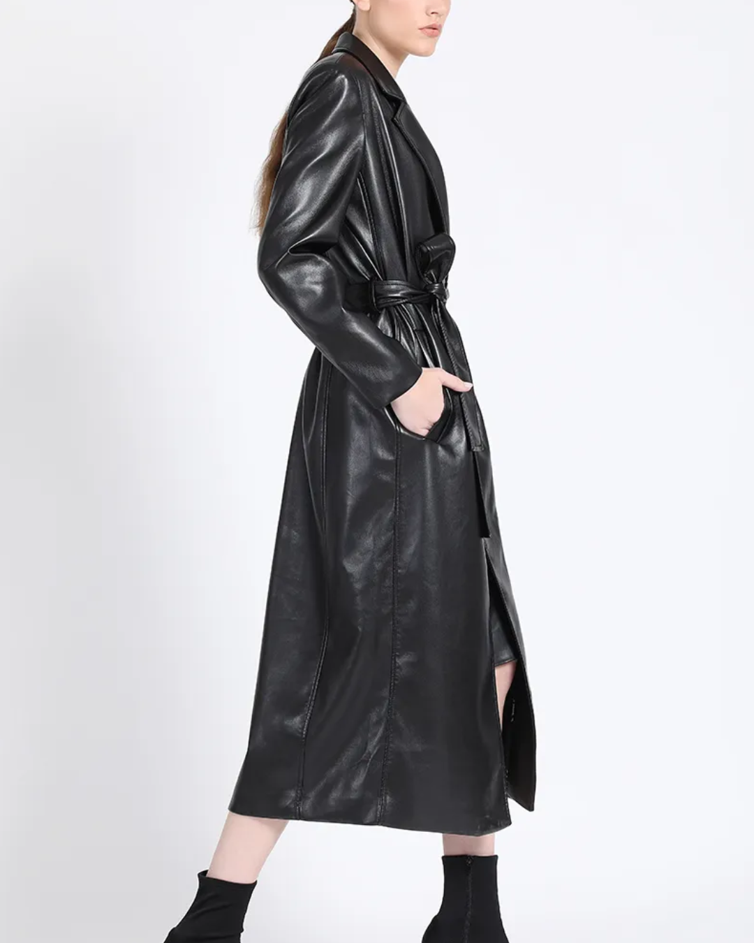 Abrigo Mujer largo efecto cuero forro estampado negro Liola