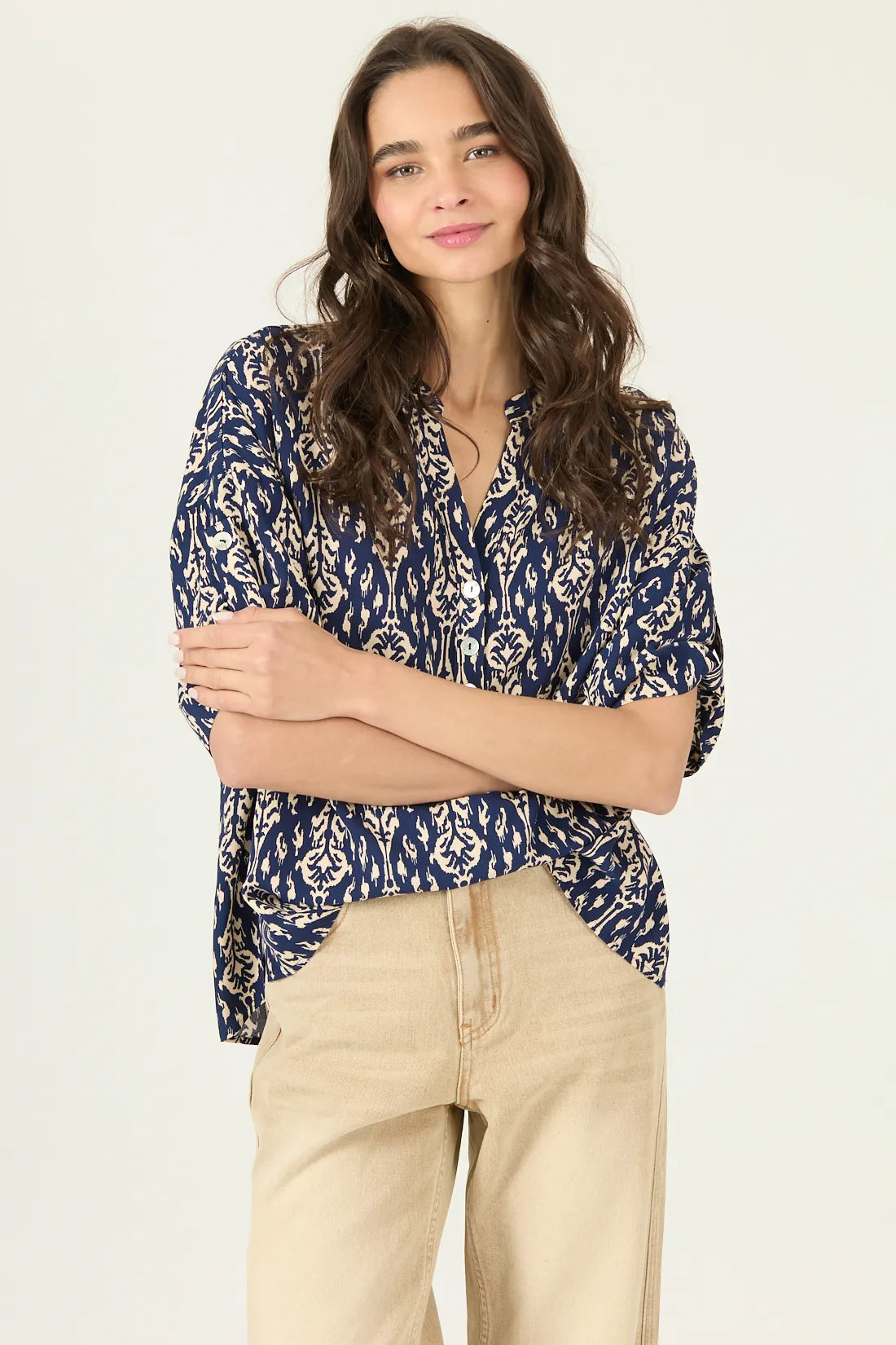 Blusa Mujer Manga Corta Cuello Mao Azul