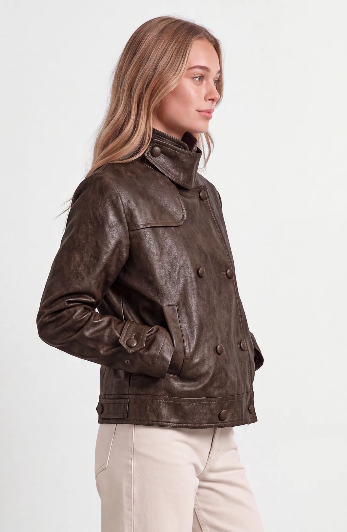 Chaqueta PU Mujer Cuello Funnel Brown