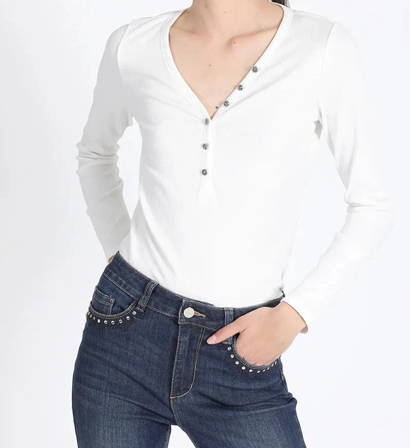 Polera Mujer Basica Ribb Boton Joya Crudo