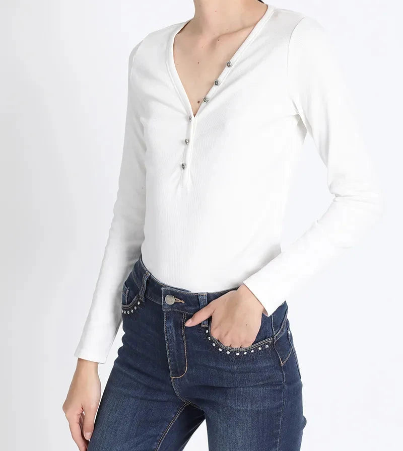Polera Mujer Basica Ribb Boton Joya Crudo