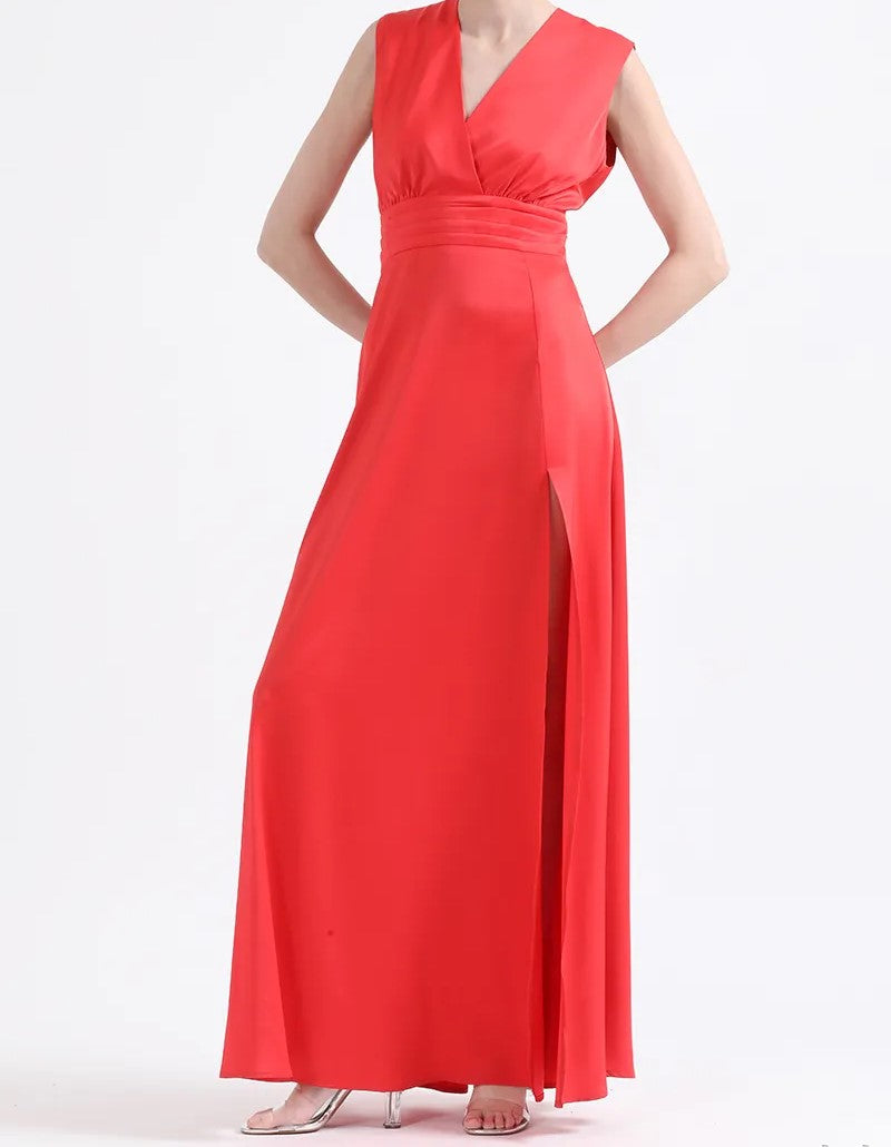 Vestido Mujer Maxi Alforzas, Satin, Rojo