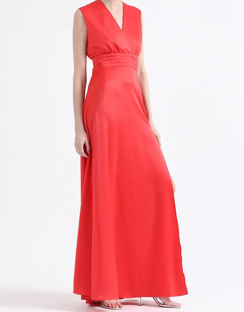 Vestido Mujer Maxi Alforzas, Satin, Rojo