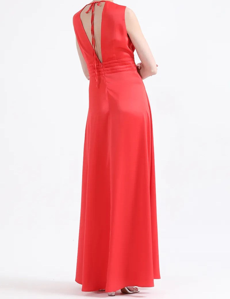 Vestido Mujer Maxi Alforzas, Satin, Rojo