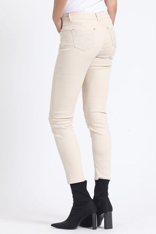 Jeans Mujer Skinny Color Tiro Medio Con Bordado Beige