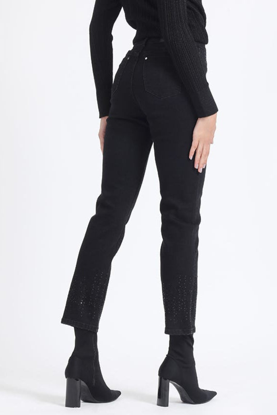 Jeans Mujer Slim Push-Up Color Tiro Medio Bordado Lentejuelas Negro