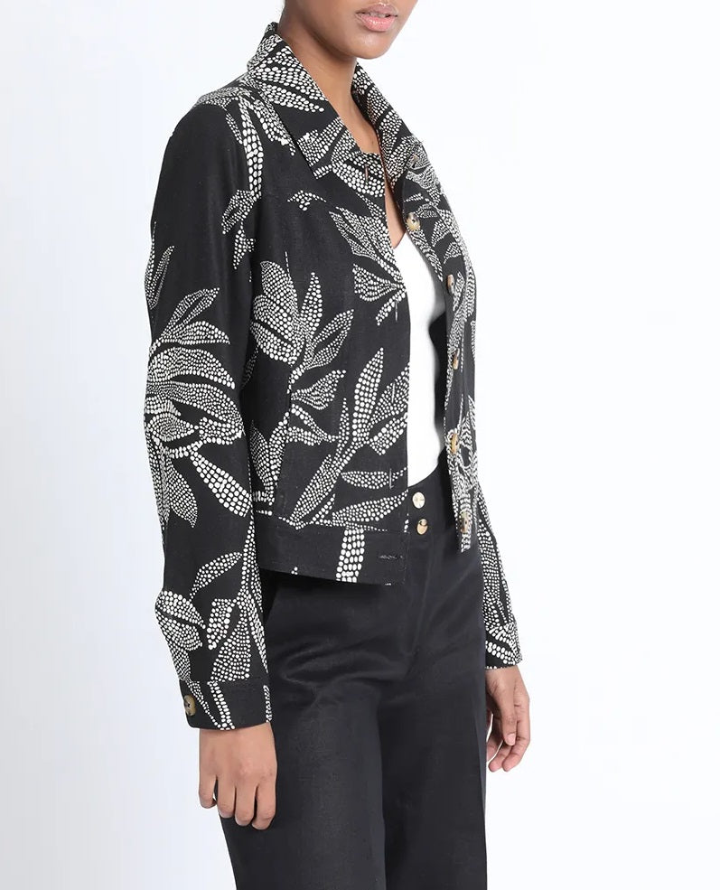 Chaqueta Mujer Lino Mix Estampado Negro