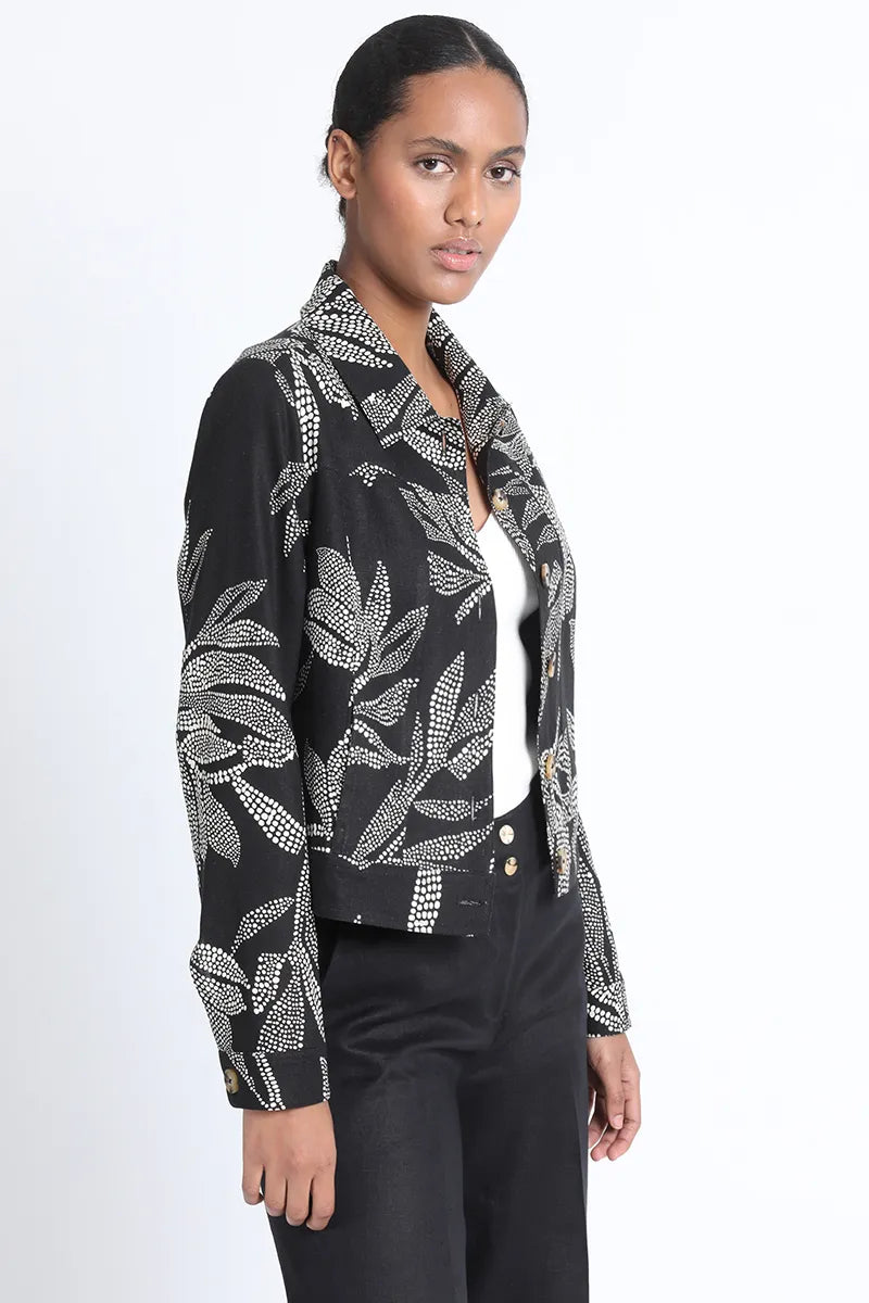 Chaqueta Mujer Lino Mix Estampado Negro