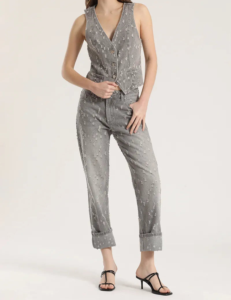 Jeans Mujer Slim Cropped Push Up Tiro Medio Denim Gris